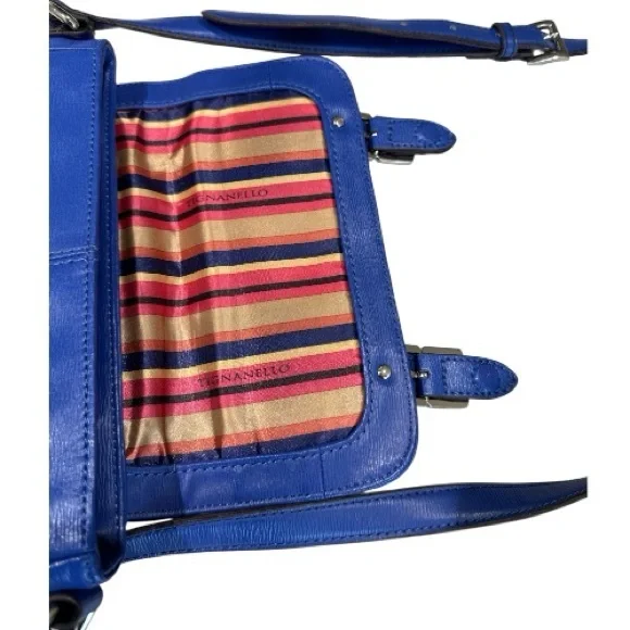 Tignanello Leather Crossbody Bag Blue Adjustable Strap Colorful Striped Lining - Picture 5 of 15